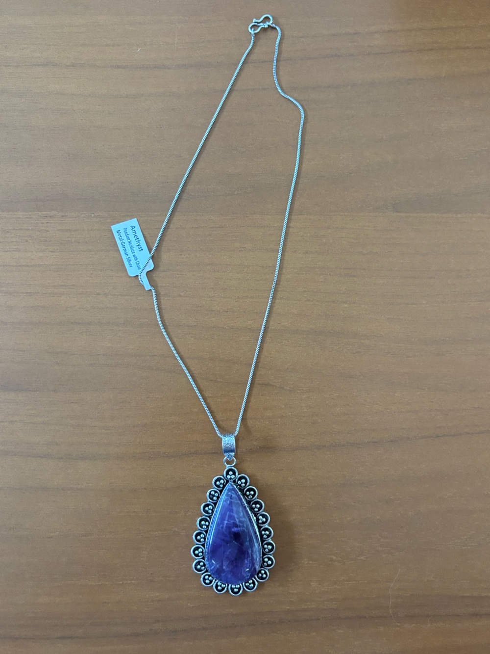 Amethyst and German Silver Teardrop Pendant Necklace.